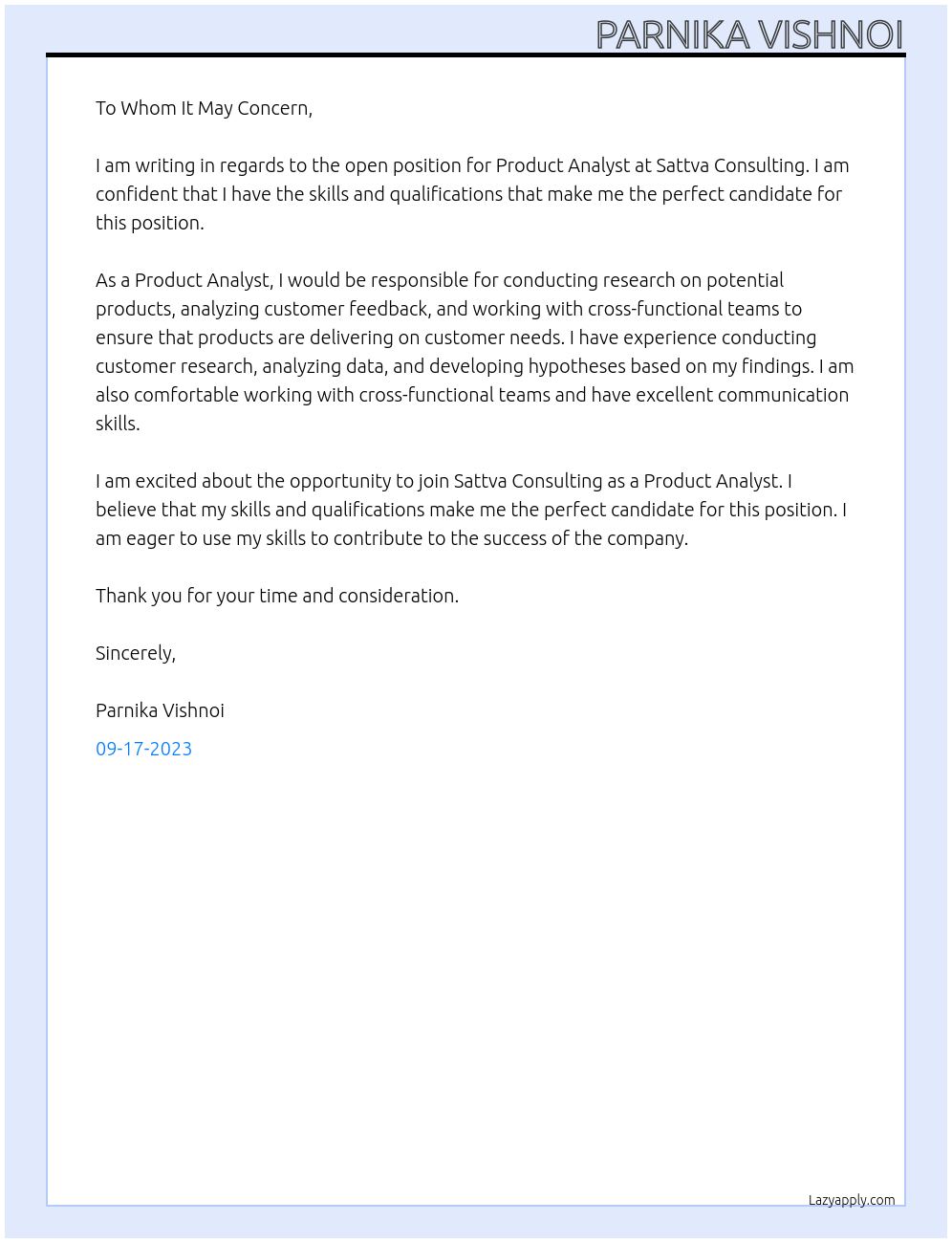 Product Analyst At Sattva Consulting Cover Letter