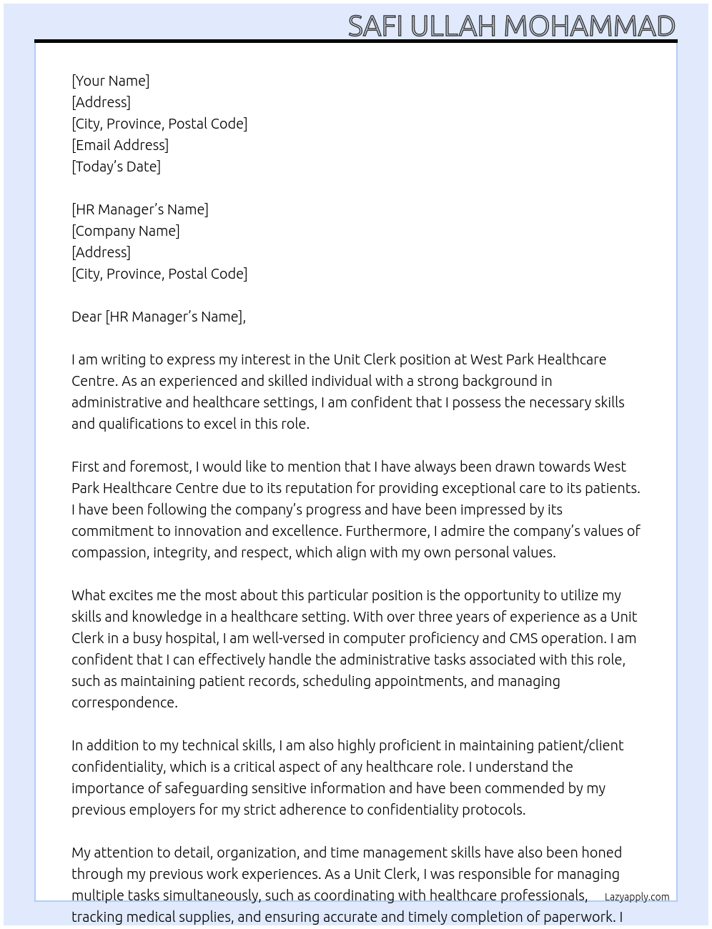 Unit Clerk At West Park Healthcare Centre Cover Letter