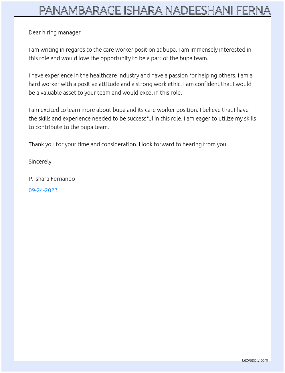 care worker At bupa Cover Letter