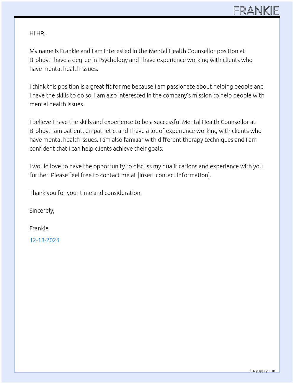 Mental Health COunsellor At Brohpy Cover Letter