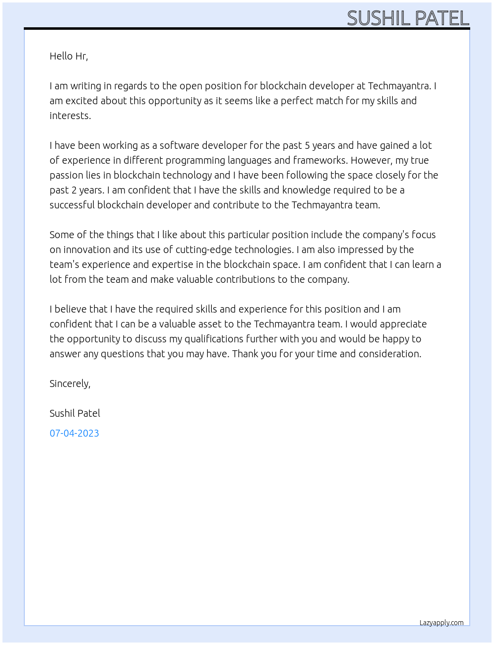 blockchain developer At techmayantra Cover Letter