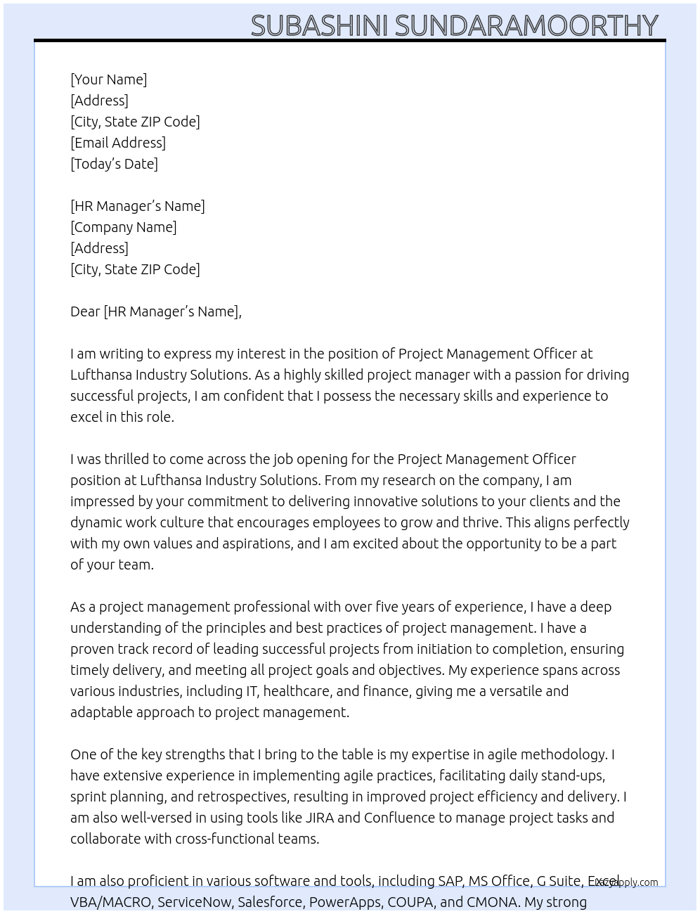 project Management Officer At lufthansa industry solutions Cover Letter