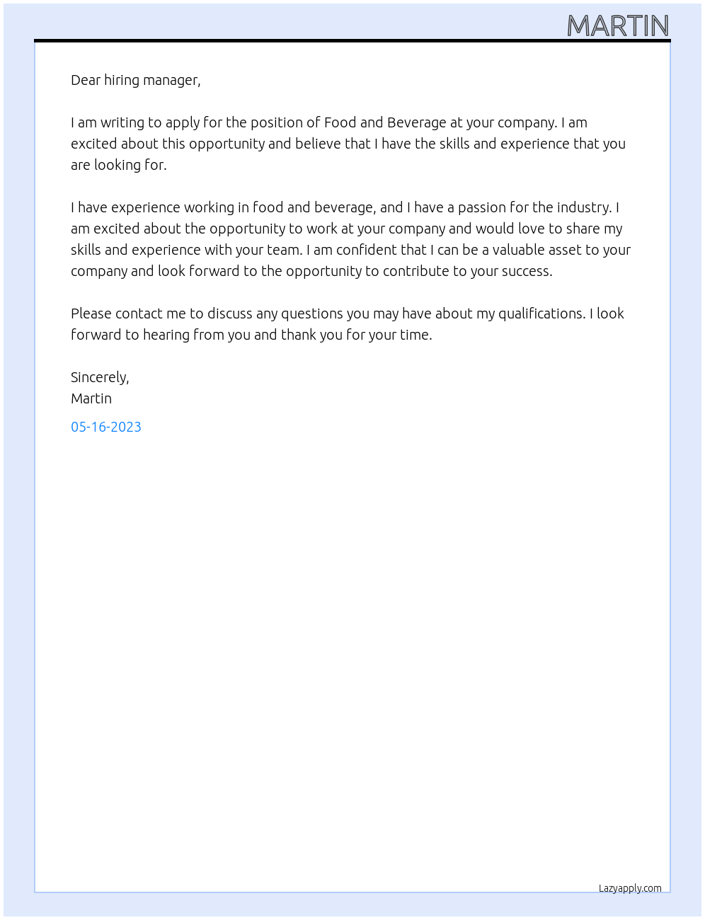 Cover letter for food and beverage - LazyApply