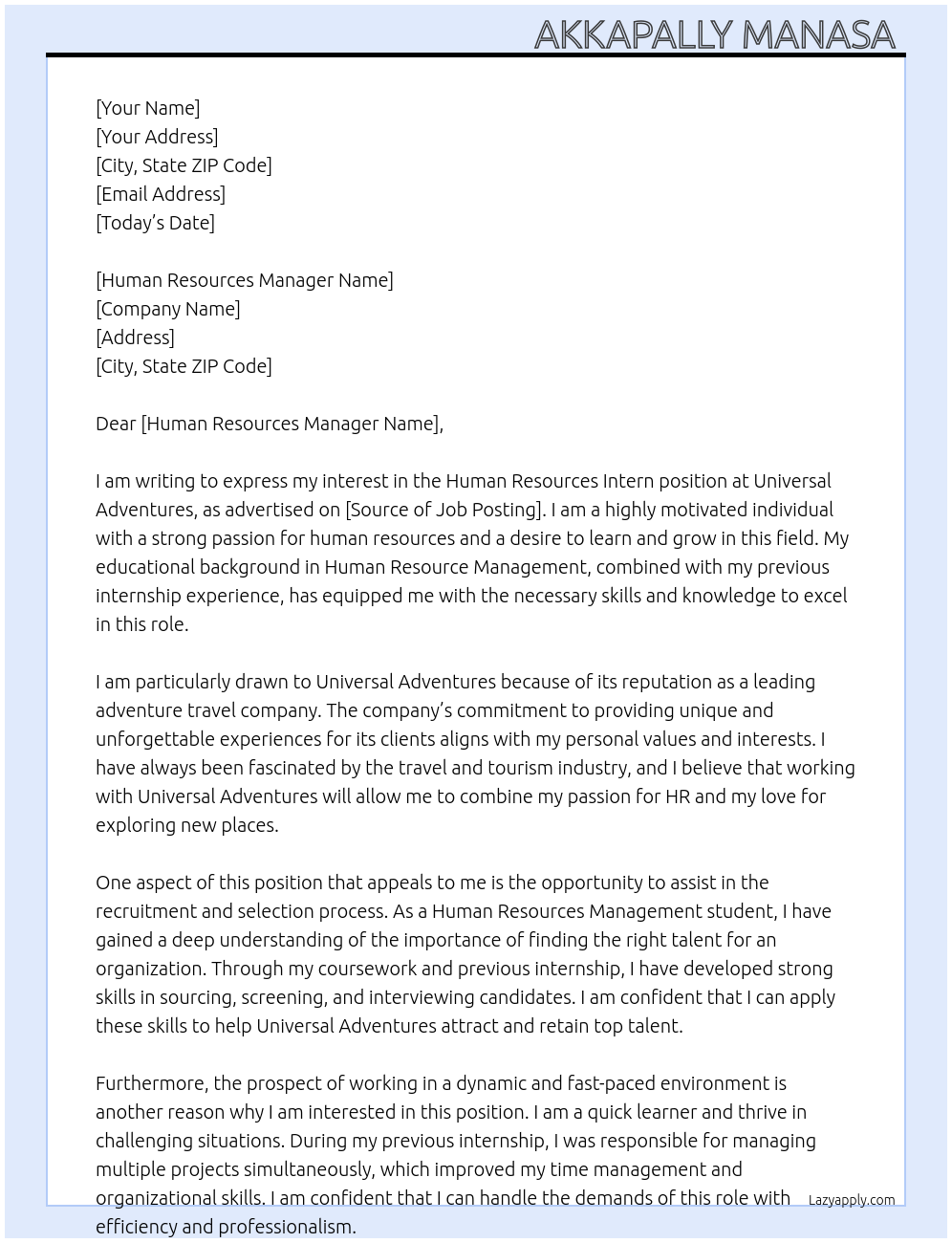 Human resources Intern At Universal Adventures Cover Letter