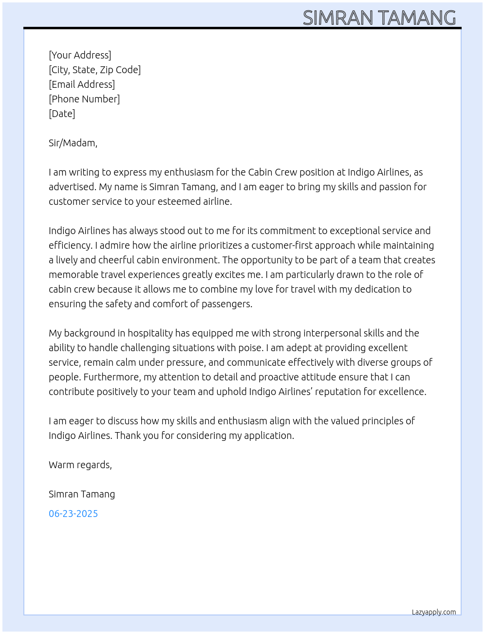 Cabin crew At Indigo airlines Cover Letter
