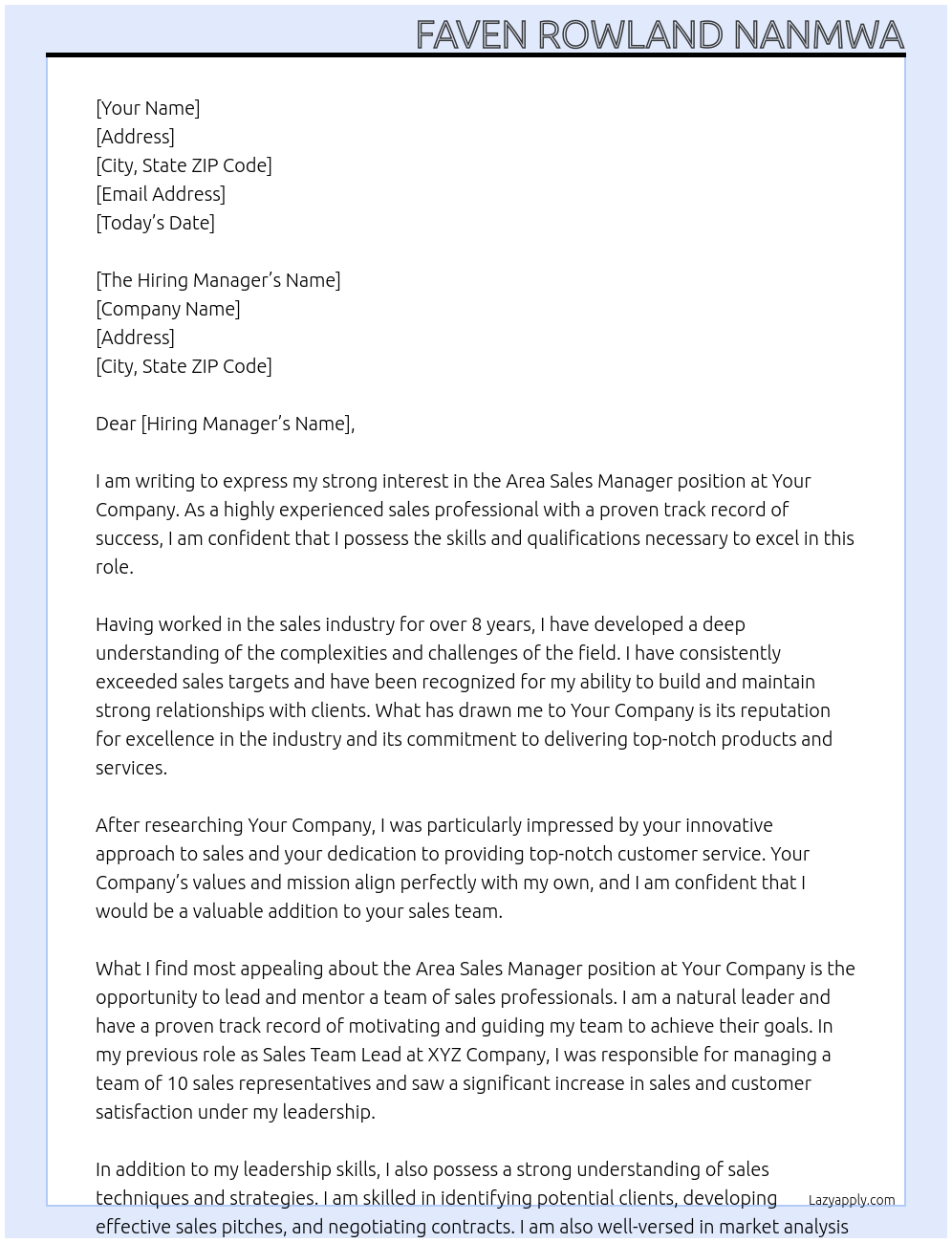 Area Sales Manager At Your Company Cover Letter