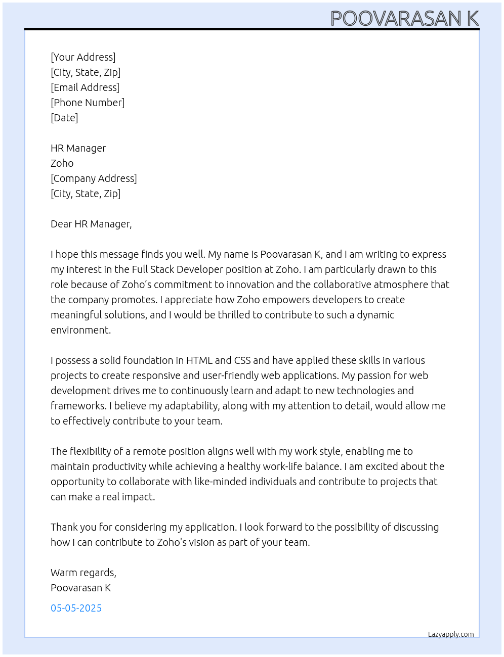 Full stack developer At Zoho Cover Letter