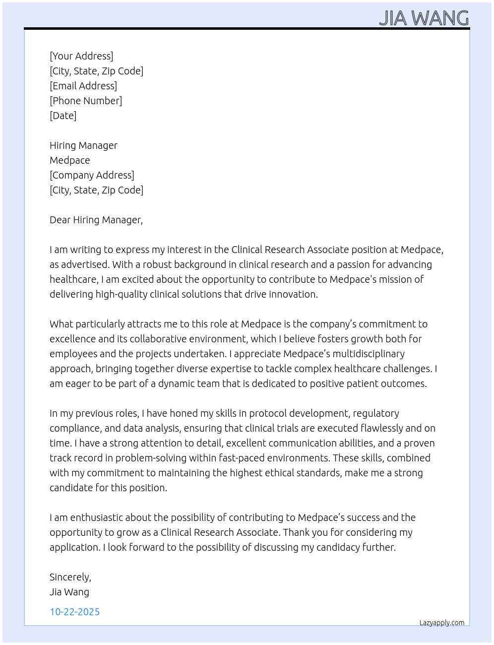Cover letter for clinical research associate - LazyApply
