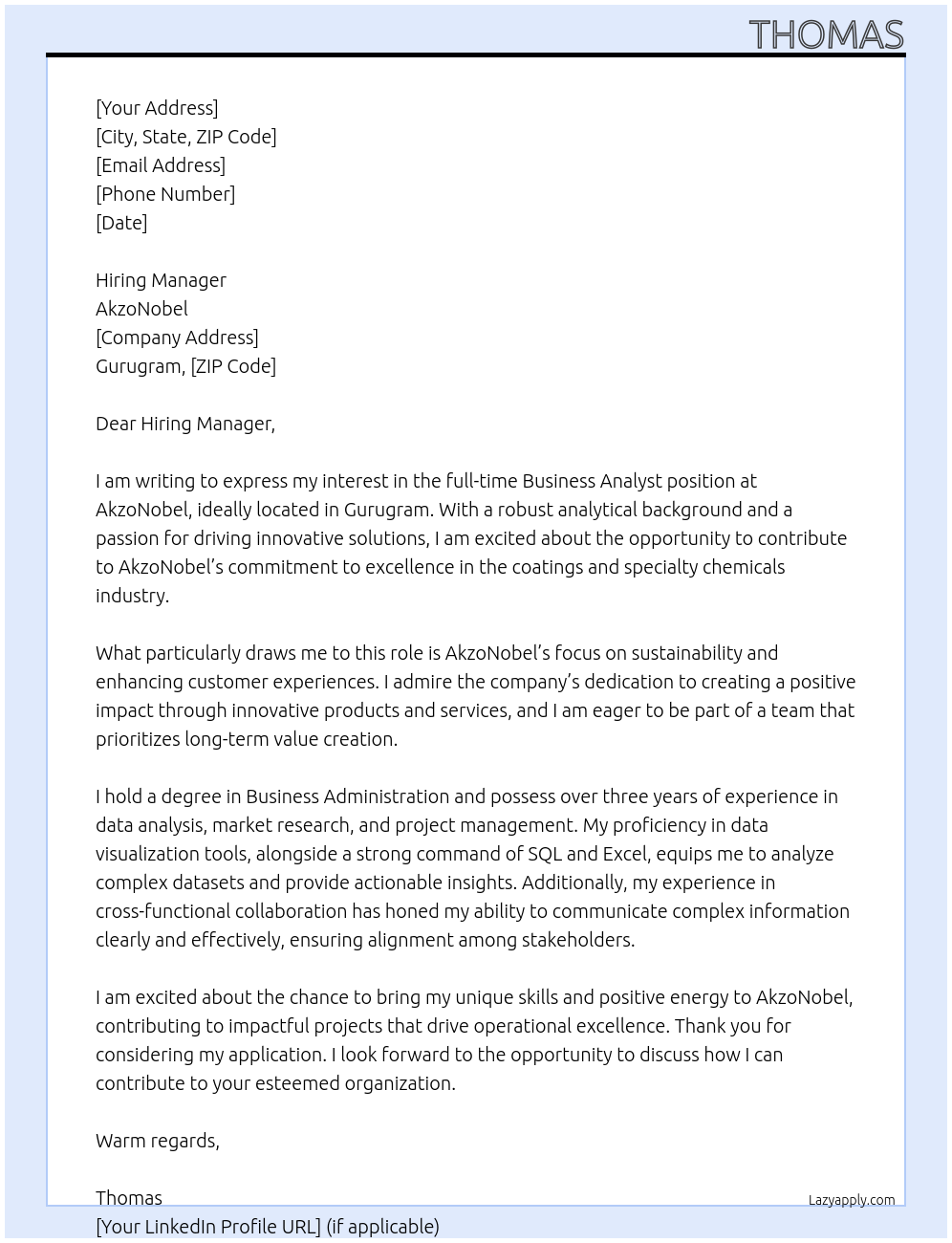 Business Analyst At AkzoNobel Cover Letter