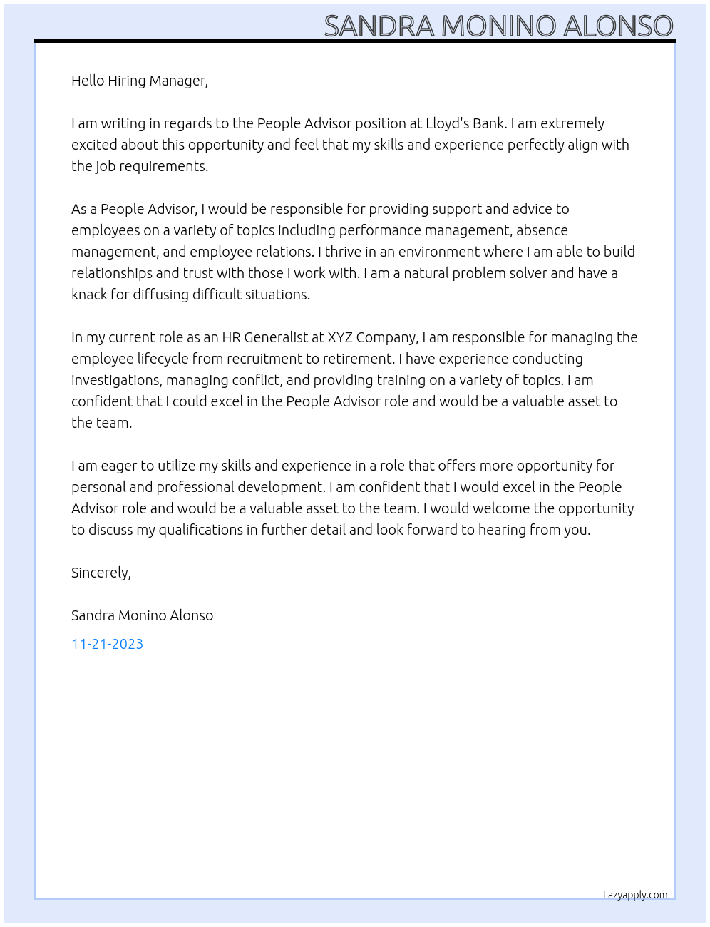 People Advisor At Lloyd's Bank Cover Letter