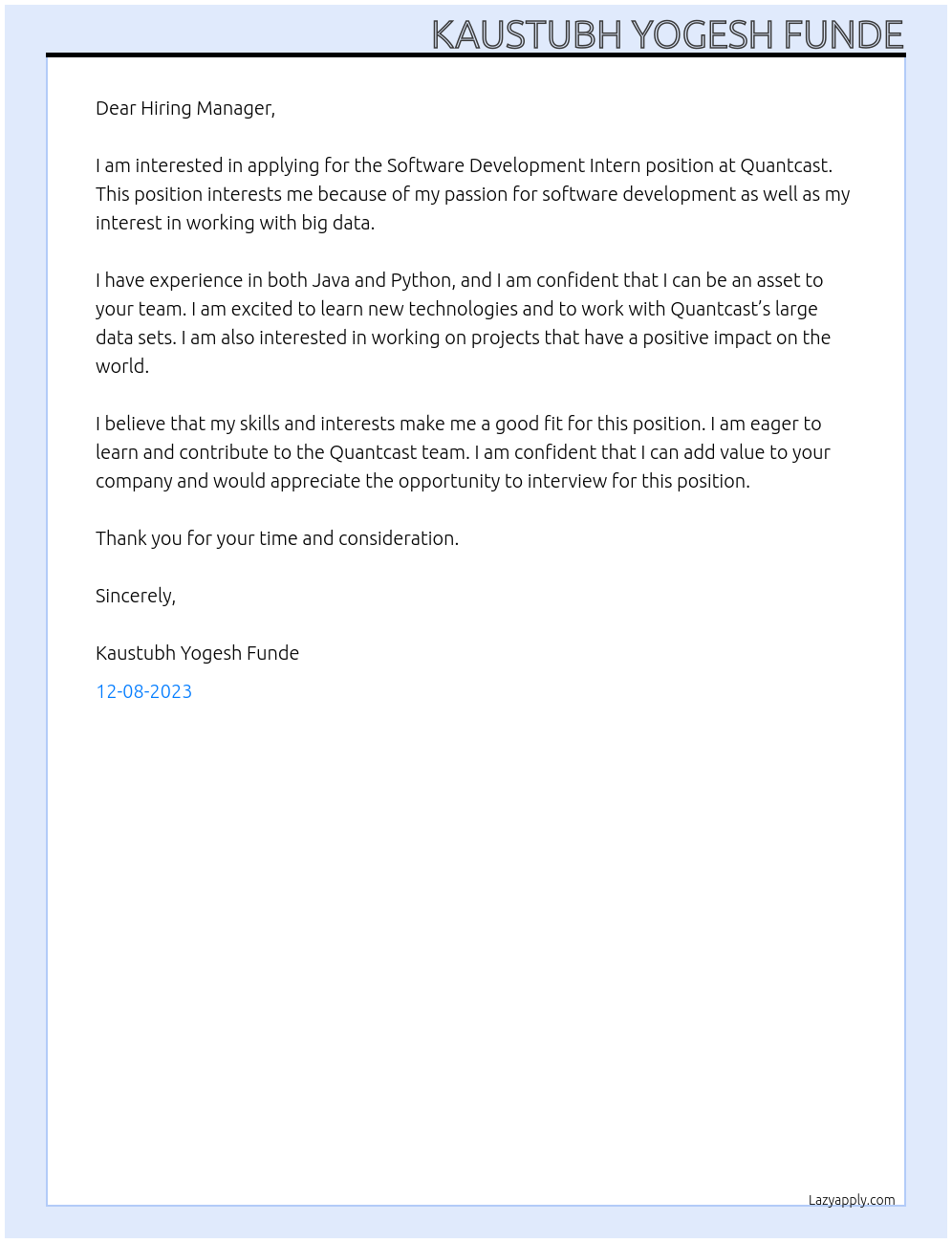 Software Development Intern At Quantcast Cover Letter