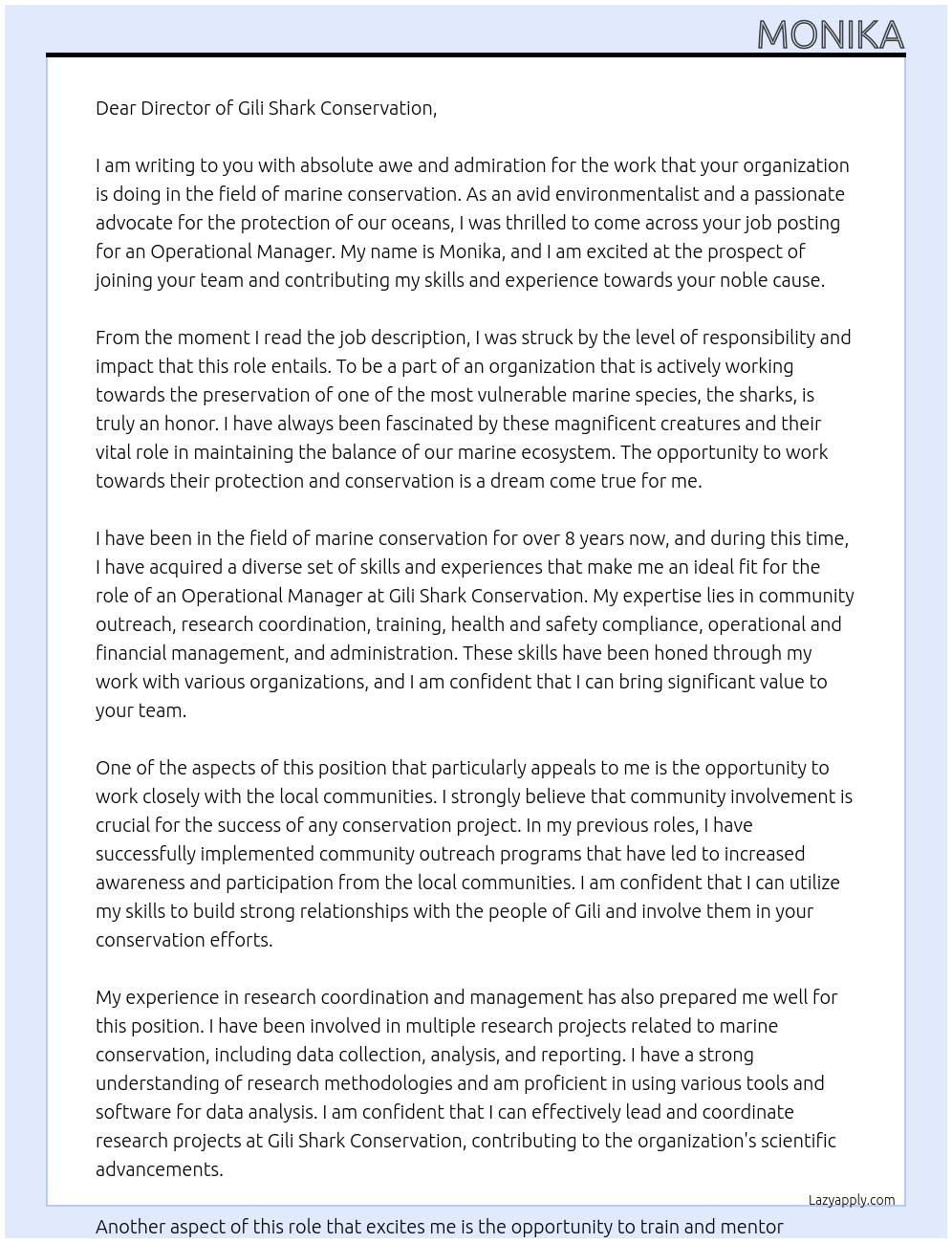 Operational Manager At Gili Shark Conservation Cover Letter