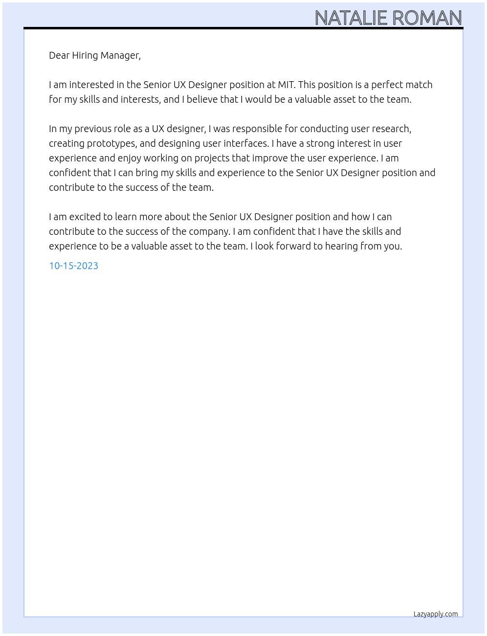 Senior UX Designer At MIT Cover Letter