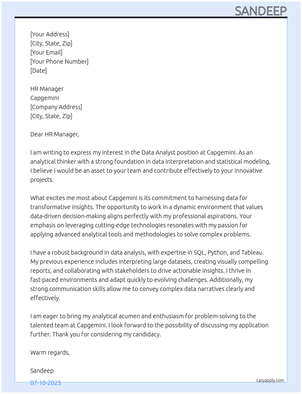 data analyst At capegemini Cover Letter