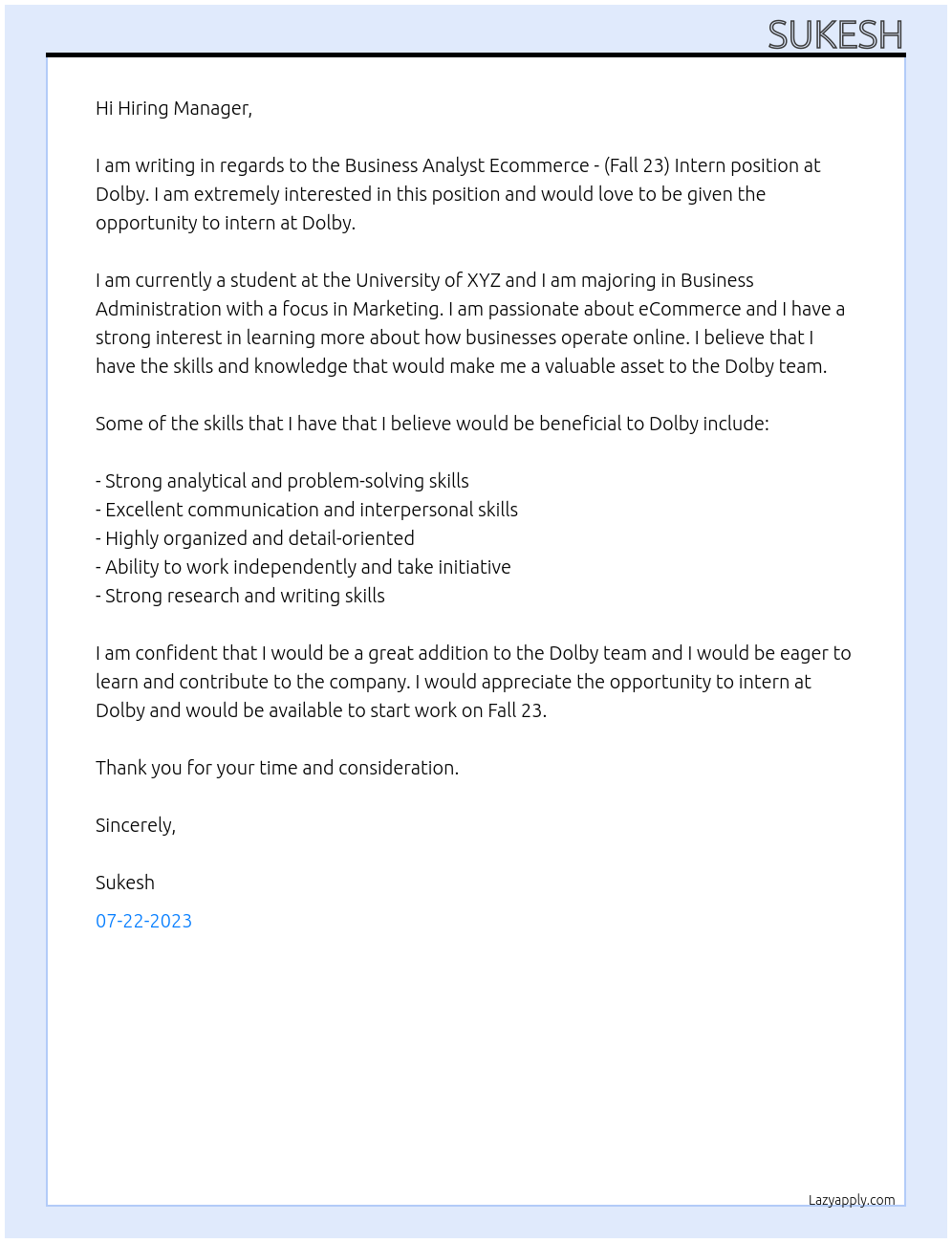 Business Analyst Ecommerce - (Fall 23) Intern At Dolby Cover Letter