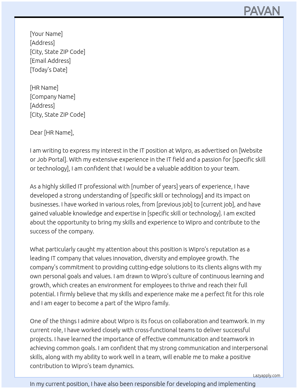 it At wipro Cover Letter