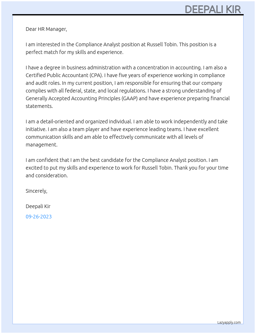 Compliance Analyst At Russell Tobin Cover Letter