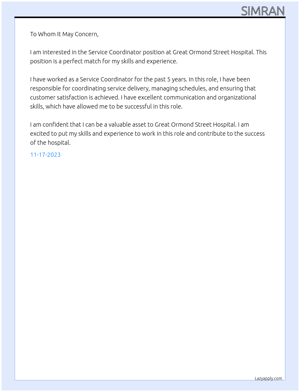 Service Coordinator At Great Ormond Street Hospital Cover Letter