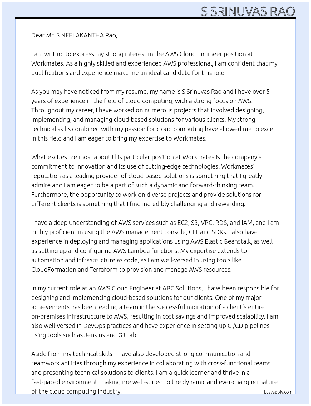 AWS Cloud Engineer At workmates Cover Letter