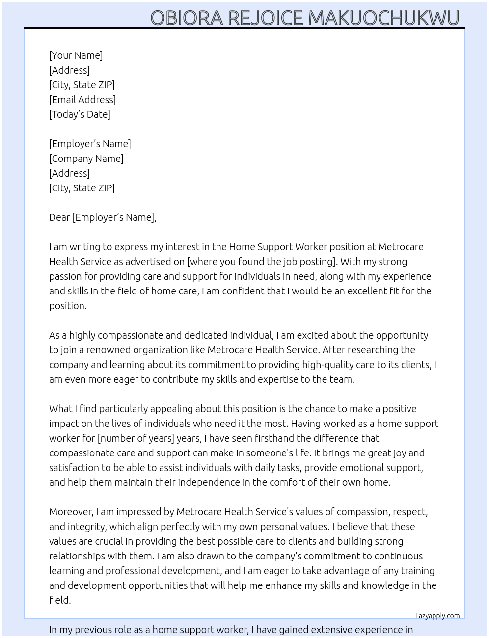 Home support worker  At Metrocare health service Cover Letter