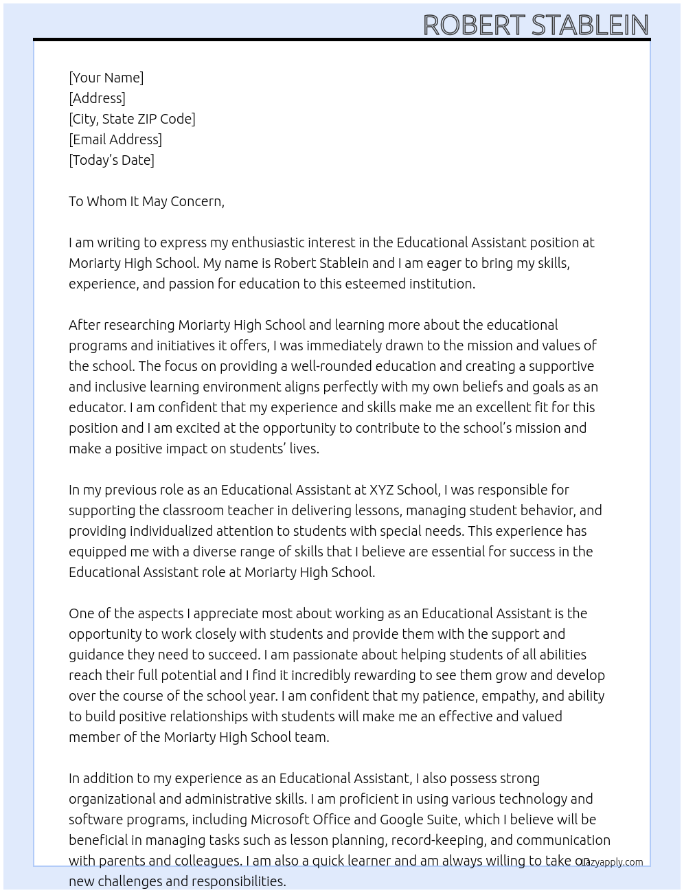 Educational Assistant At Moriarty High School Cover Letter