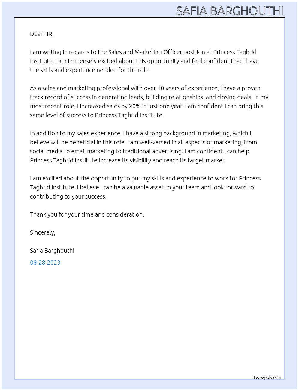 Sales and Marketing Officer At Princess Taghrid Institute Cover Letter