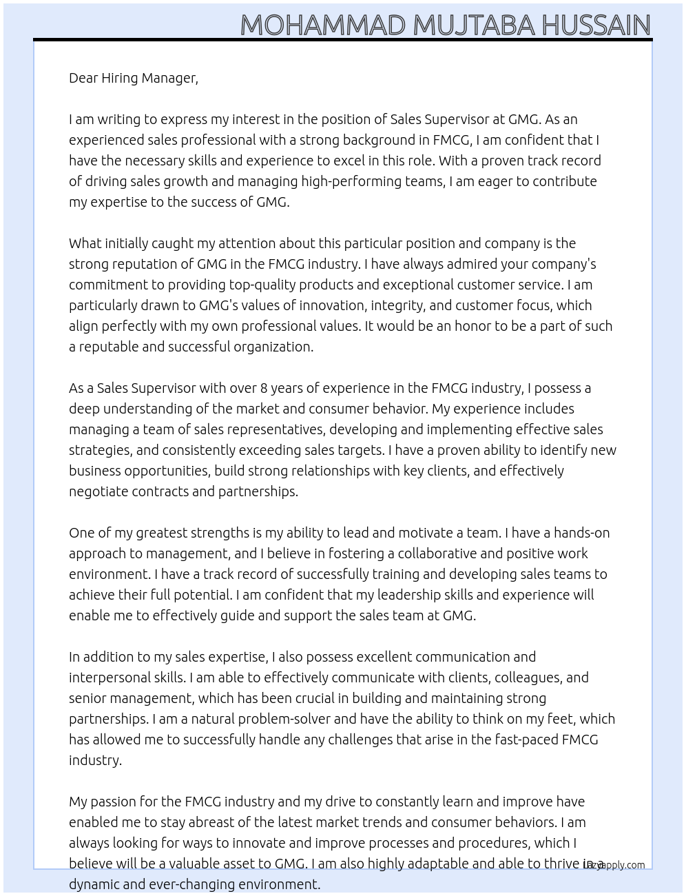 Sales Supervisor At GMG Cover Letter