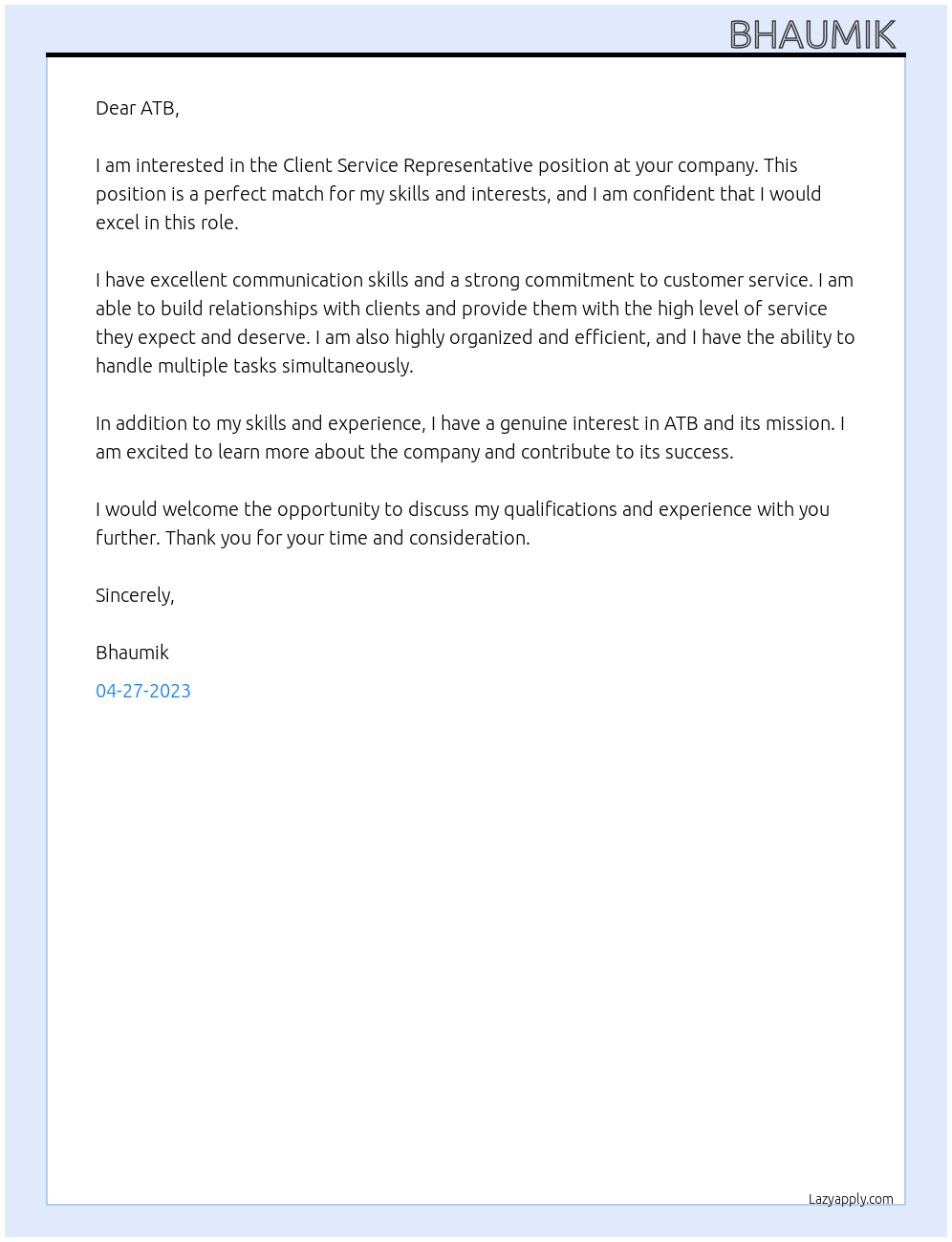 client service representative At ATB Cover Letter
