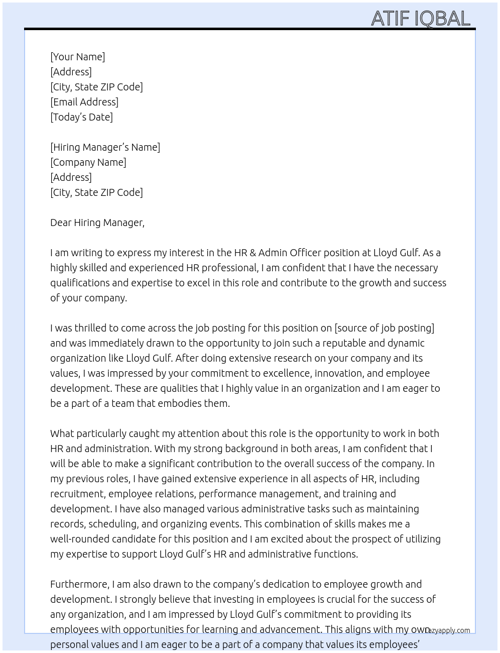 HR & Admin Officer At Lloyd Gulf Cover Letter