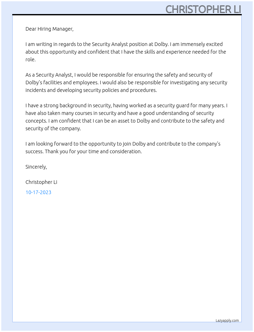 security analyst At dolby Cover Letter