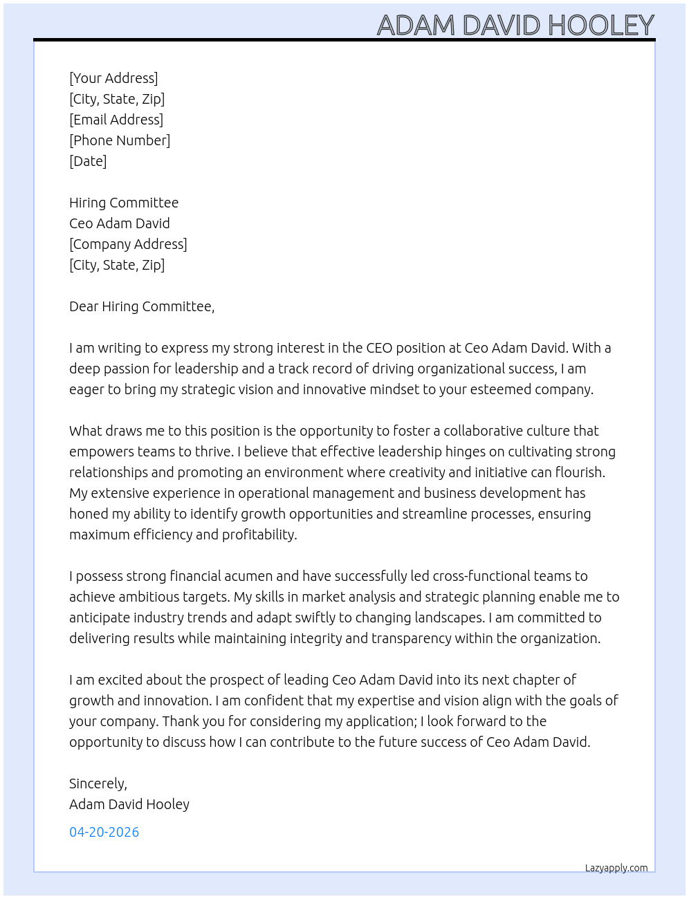 Ceo  At Ceo adam david  Cover Letter