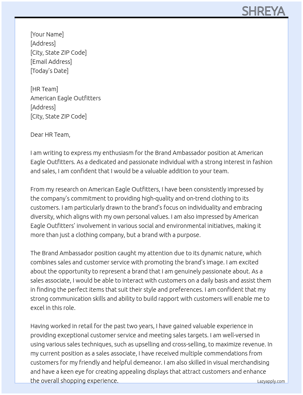 Brand Ambassador (Sales Associate) At American Eagle Outfitters Cover Letter