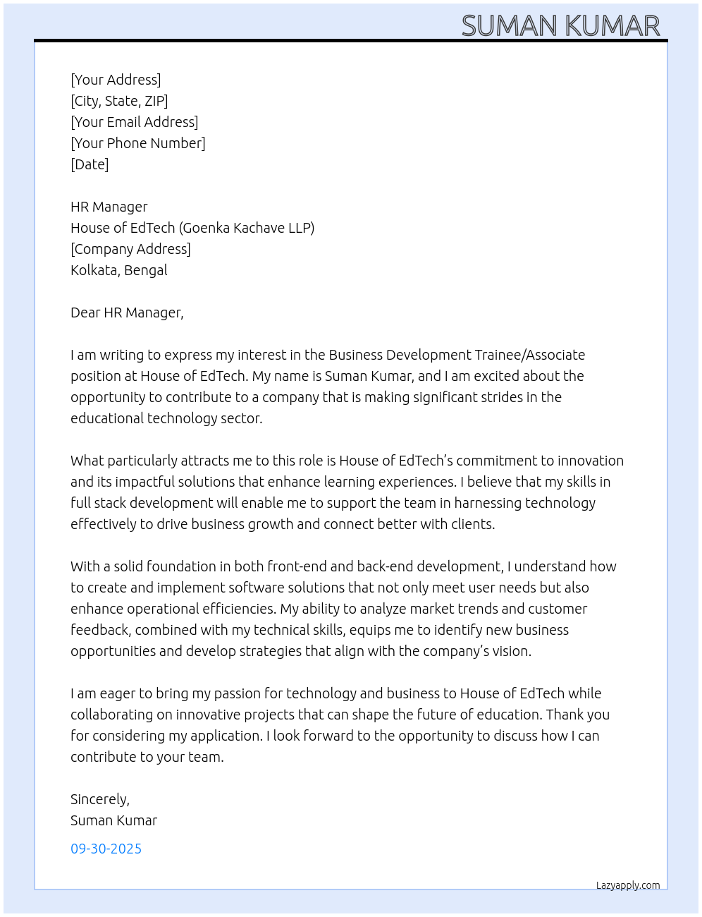 Cover letter for business development - LazyApply
