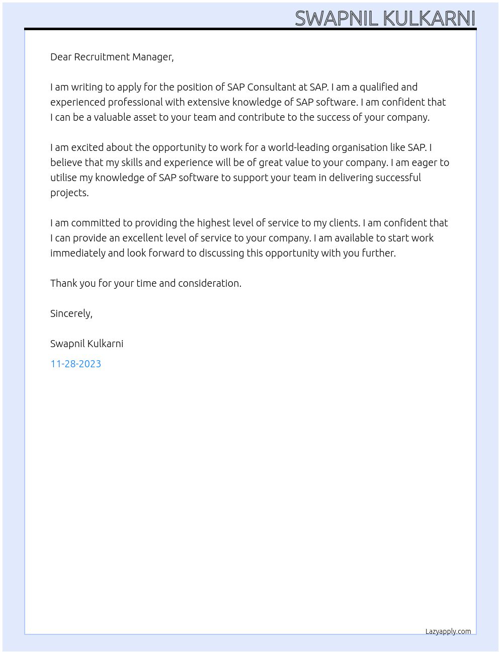 SAP Consultant At SAP Cover Letter
