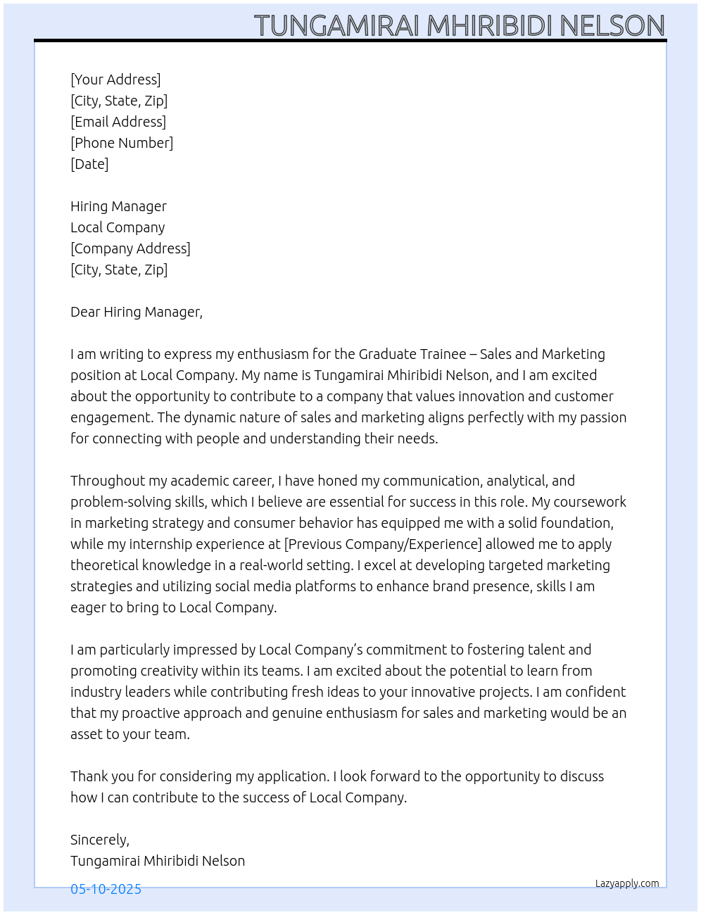 Cover letter for graduate trainee- sales and marketing - LazyApply