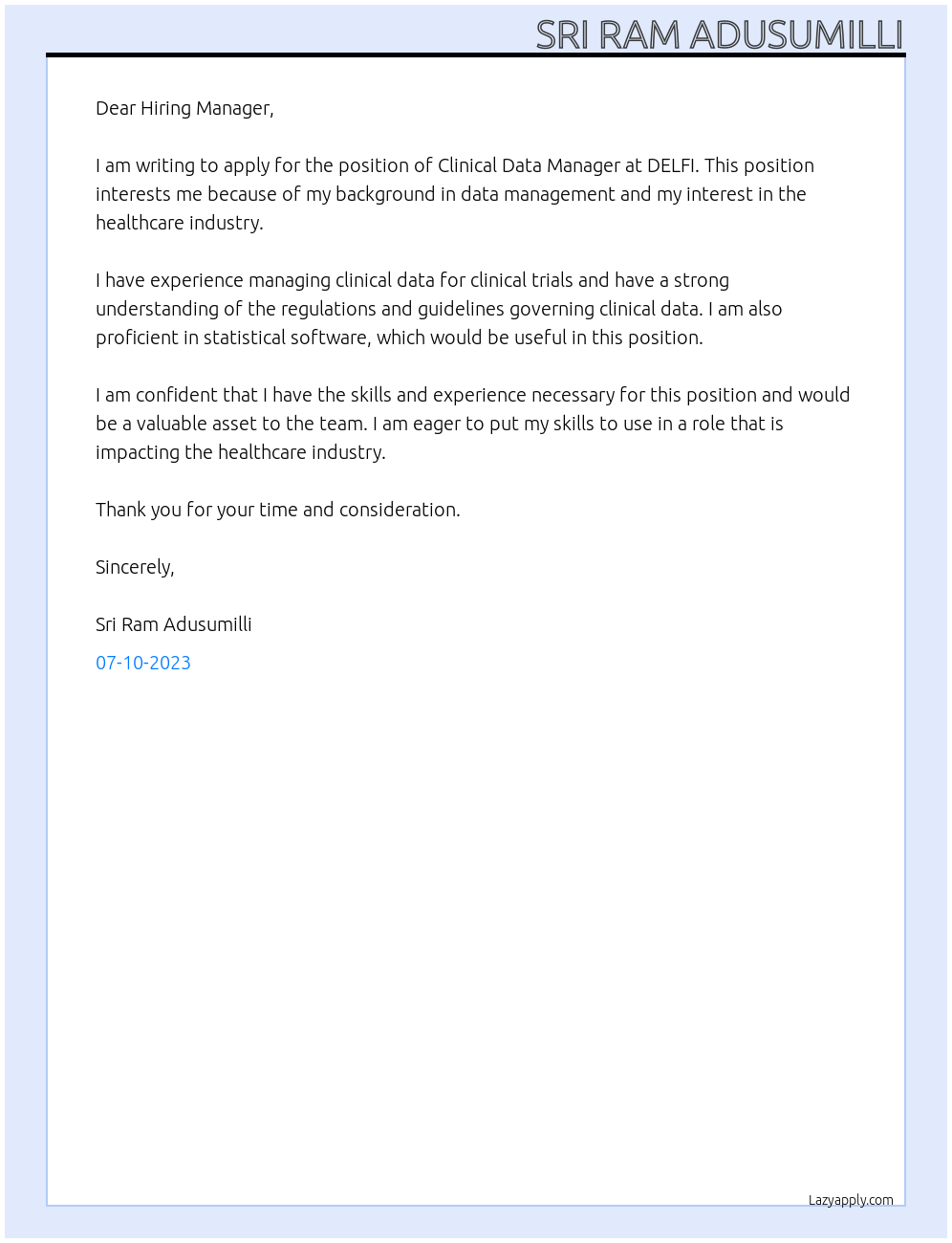 Clinical Data manager  At DELFI Cover Letter