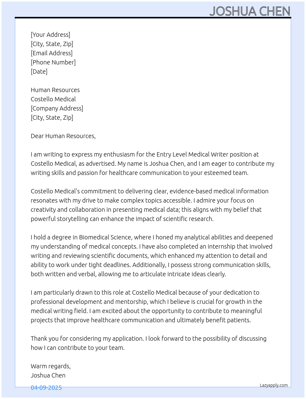 Entry Level Medical Writer At Costello Medical Cover Letter