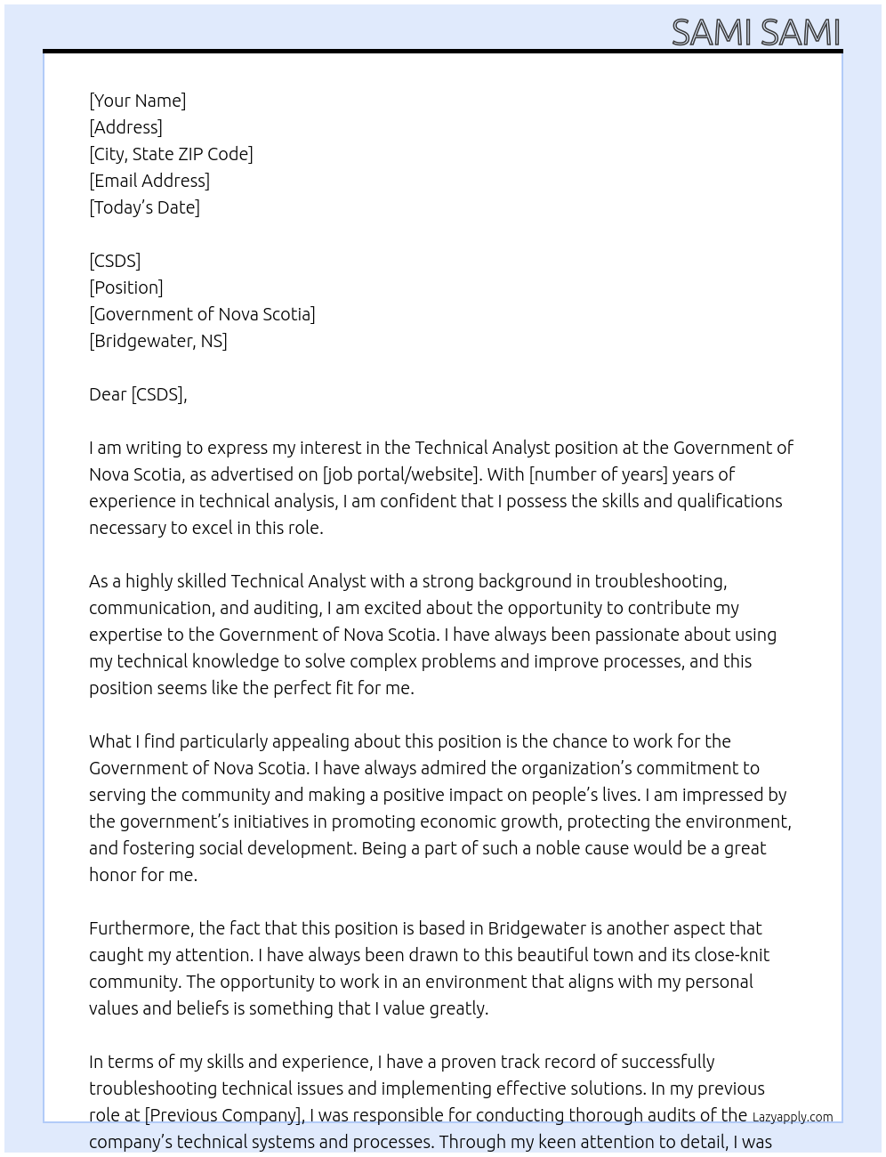 Technical Analyst At Government of Nova Scotia Cover Letter