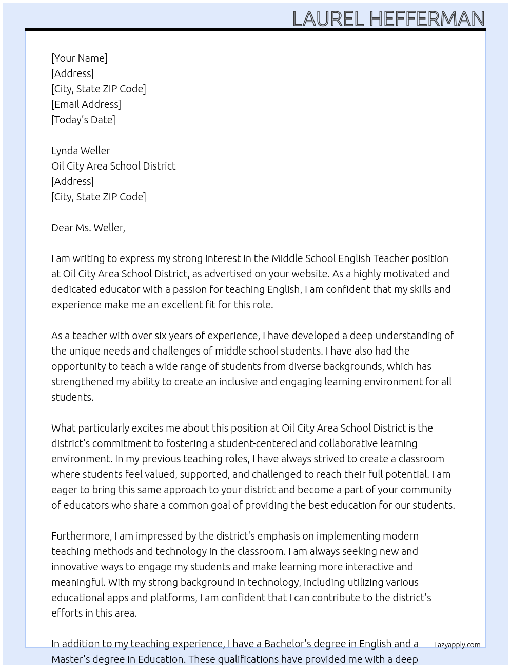 Middle School English Teacher At Oil City Area School District Cover Letter