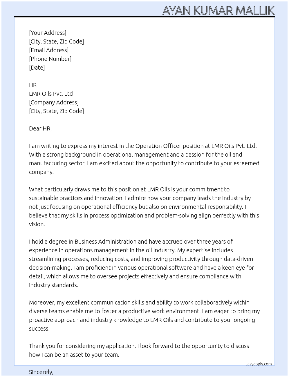 Cover letter for operation officer or operator - LazyApply