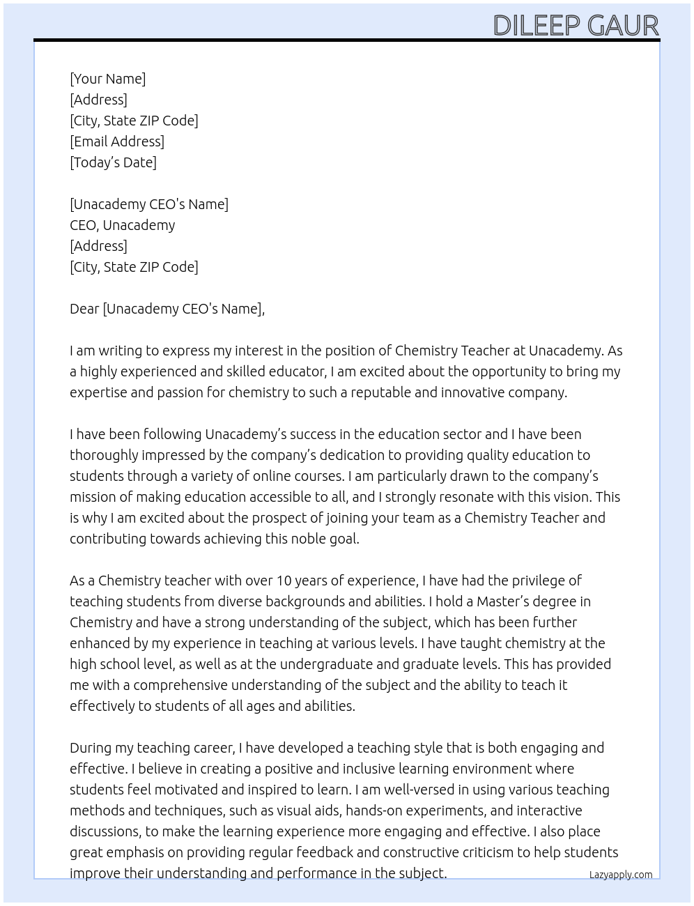 Chemistry teacher At Unacademy Cover Letter