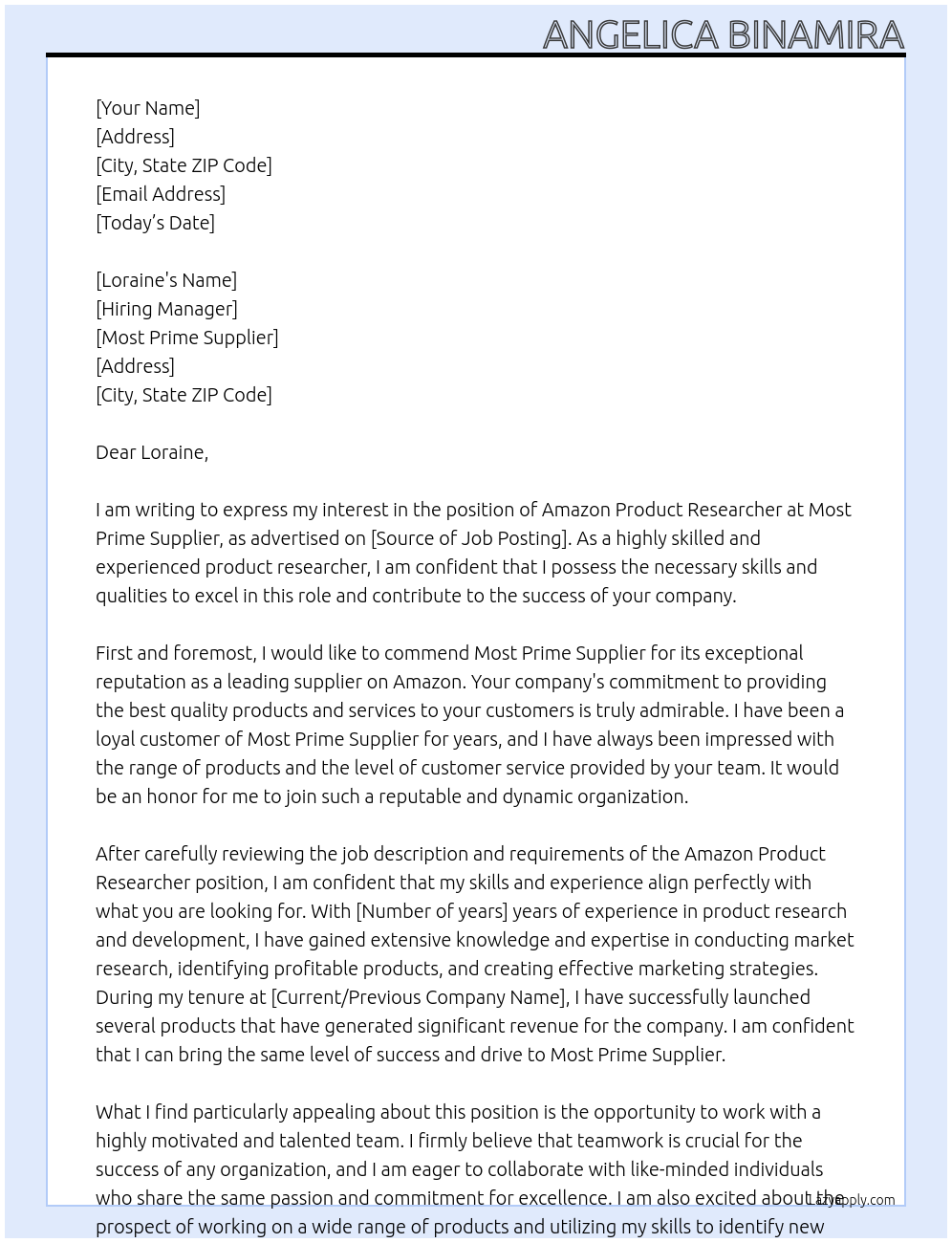 Amazon Product Researcher At most prime supplier Cover Letter