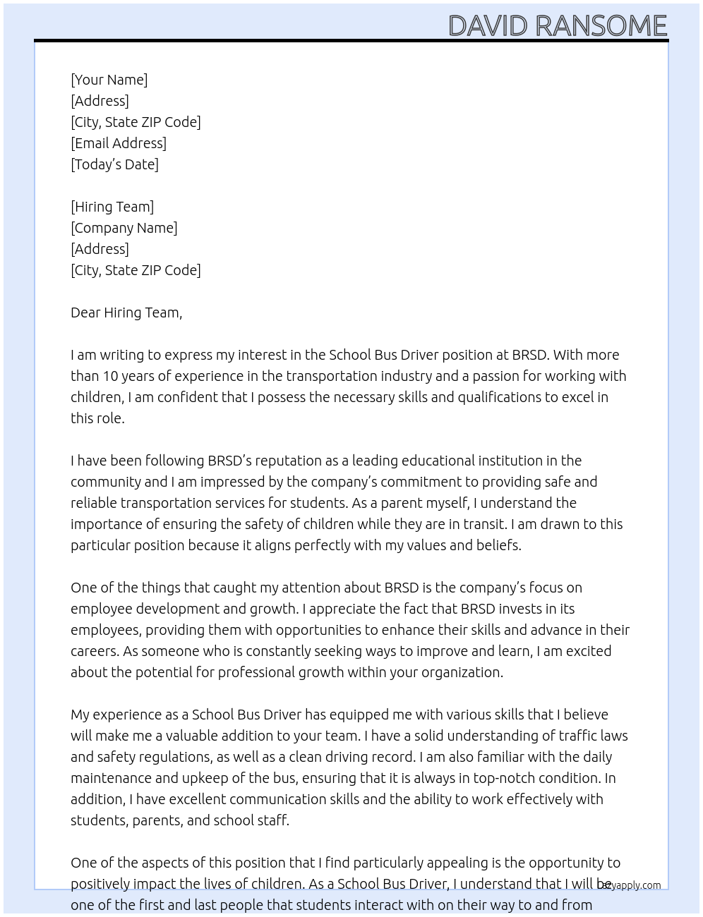 School Bus Driver At BRSD Cover Letter