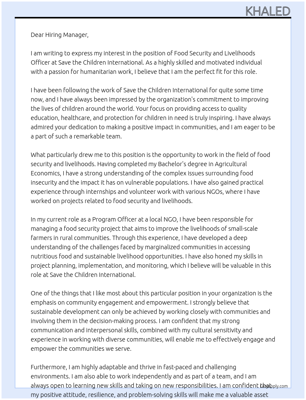 Cover letter for food security and livelihoods officer - LazyApply
