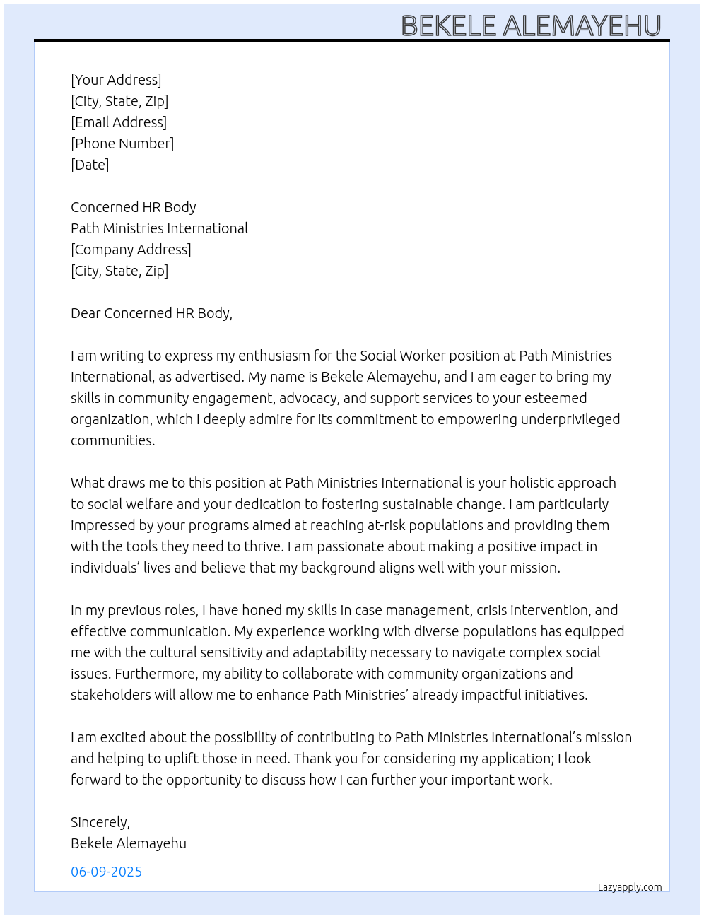 Social Worker At Path Ministries International Cover Letter