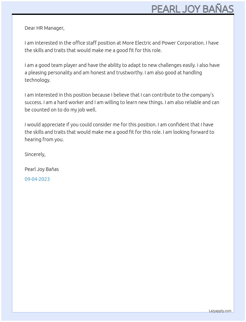 Office staff At More Electric and Power Corporation Cover Letter