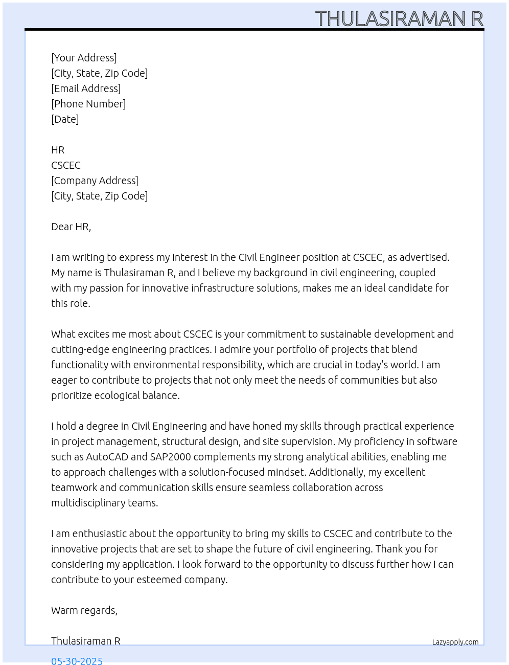civil engineer At CSCEC Cover Letter