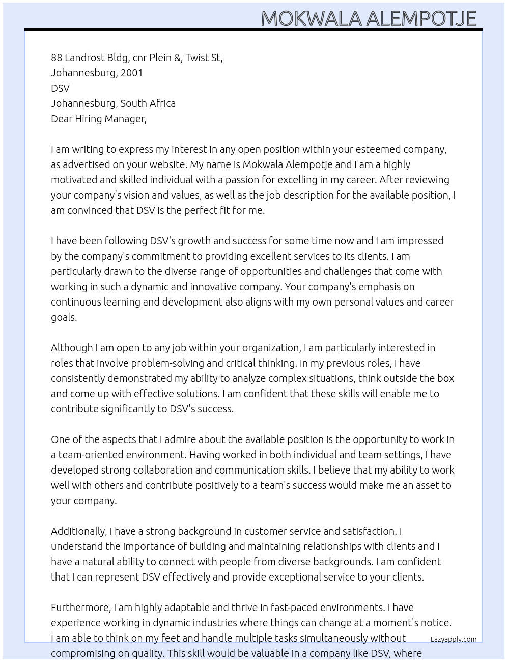 Any job At DSV Cover Letter