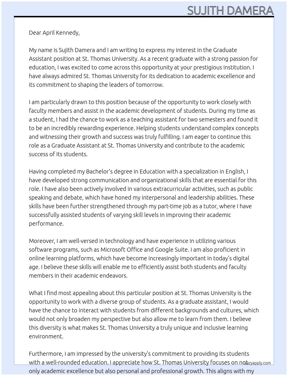 GRADUATE ASSISTANT At ST THOMAS UNIVERSITY Cover Letter
