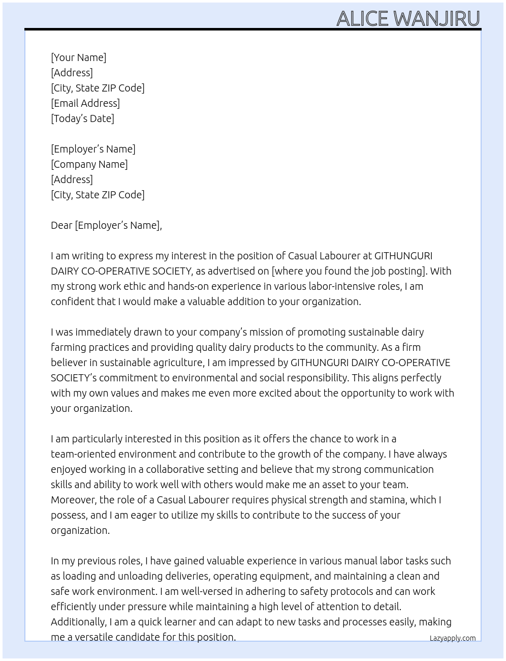 CASUAL LABOURER At GITHUNGURI DAIRY CO-OPERATIVE SOCIETY Cover Letter